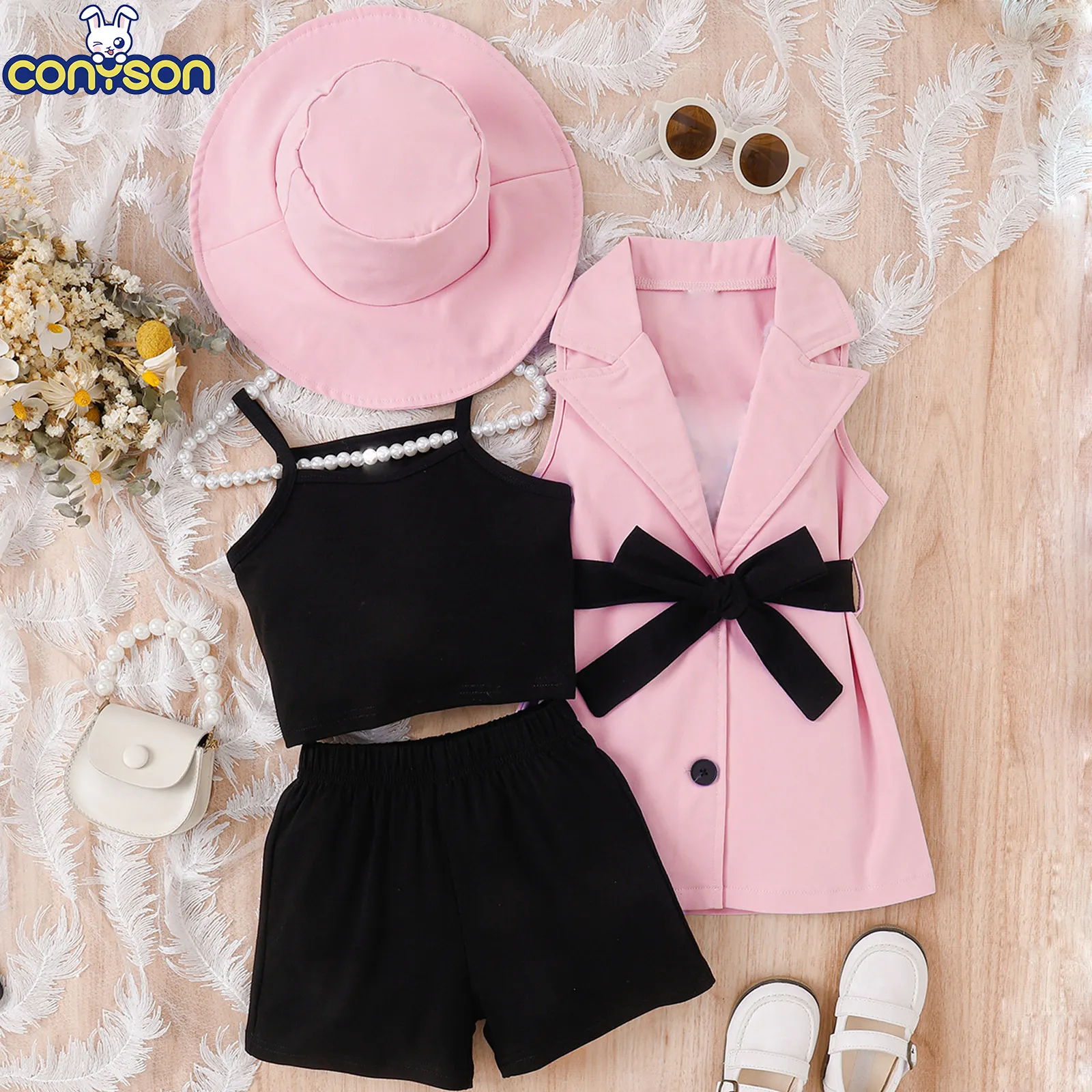 Conyson Wholesale Summer New Arrival Girl Four-Piece Suit With Strap Top +Shorts+Sleeveless Suit Jacket +Hat kids clothing Sets