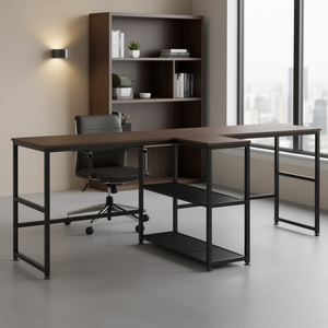 Escritorio de Oficina en Forma de L Industrial Color Nogal Oscuro de 83 Pulgadas con Estantes de Almacenamiento para Uso Doméstico o Comercial - Product Image 2