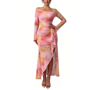 เดรสแม็กซี่ผ้ามัดย้อมเปิดไหล่สำหรับผู้หญิง - ชุดราตรีแขนยาวเข้ารูปแฟชั่น - Product Image 5