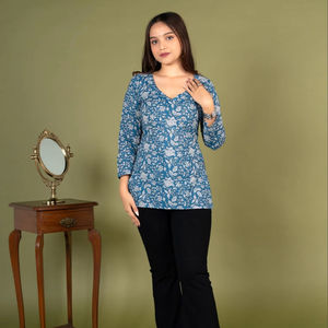 Myra Indigo Waves, Camisa de Manga Larga de Viscosa y Rayón, Sin Arrugas, de Secado Rápido, Estilo Étnico Tradicional, Ropa de Vacaciones, Ajuste Holgado, Ropa de Playa, para Fiestas - Product Image 1