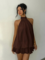 Robe Courte Mini Moulante Deux Pièces pour Femme, Style Plage, Sexy, Dos Nu, Col Halter, Taille Nouée, Coupe Ajustée, Jupe Bouffante, Collection 2026