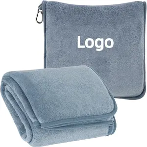 Custom Embroidered Logo Polyester Flannel Airline Travel Set Knitted Travel Pillow And Solid Animal Pattern Airplane Blanket