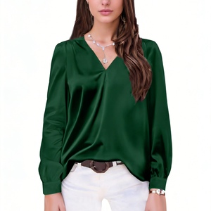 Women's Satin V-Neck Blouse Long Puff Sleeve Casual Office <b>Top</b> Shirt Fashion - Product Image 4