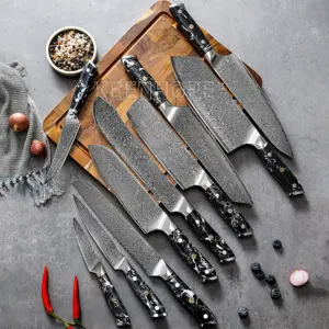 Impresionante juego de cuchillos de cocina Damasco VG10 de 67 capas con patrón de onda martillada de pluma de lluvia mango de piedra turquesa negra