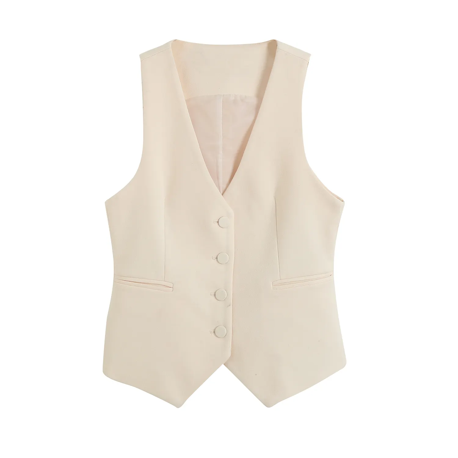 V neck beige color single breasted sleeveless casual fashion women's vests & waistcoats