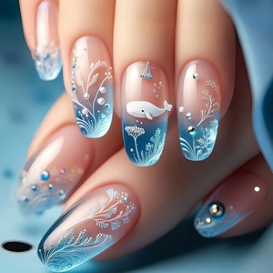 Patchs d'ongles en résine carrée de longueur moyenne, style européen, couvrant entièrement l'<span class=keywords><strong>ongle</strong></span>, éléments océaniques bleus, baleine, couleur transparente, style européen américain - Product Image 1