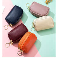 Dompet koin tiga ritsleting wanita kulit sapi Full Grain asli untuk wanita dompet tempat kartu kecil warna-warni dengan gantungan kunci