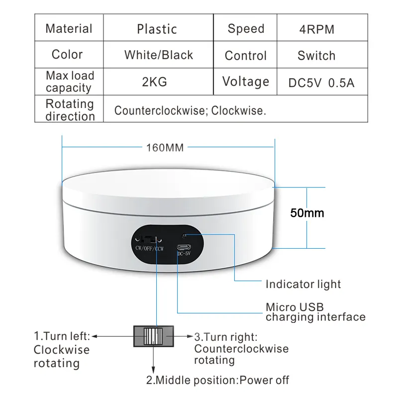 16CM USB Electric Rotating Turntable with Display Stand For Video Shooting Props Plastic Turntable for Photography 360 degree