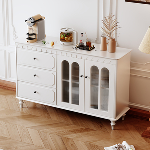 <span class=keywords><strong>Buffet</strong></span> de rangement en bois <span class=keywords><strong>blanc</strong></span> sur mesure OEM avec portes en verre cannelé et étagères réglables, style ferme, pour salle à manger et salon - Product Image 2