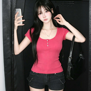 Camiseta Básica de Alta Elasticidad, Estilo Y2K, Ecológica, Corte Regular, para Mujer, Color Sólido, Verano, Casual, Elástica, Ajustada, Manga Corta - Product Image 6