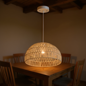 Adjustable <b>Rattan</b> <b>Pendant</b> <b>Light</b> Beige Round Bowl Shape Hanging Farmhouse Indoor Lighting Large Size - Product Image 2