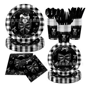 <b>Black</b> Bow Themed Birthday Party Tableware Set Paper Cups Napkins Disposable <b>Plates</b> Party Supplies Kit - Product Image 1