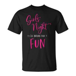 Camiseta con estampado de serigrafía de manga corta y cuello redondo para mujer, ideal para la noche de chicas, con la frase 'I'll Bring The Fun'. - Product Image 1