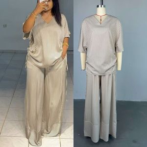 Neueste Design Mode Damen Kleidung Boutique Street Wear Kurzarm Stripped V-Ausschnitt Shirt und Wide Leg Pant 2-teiliges Set - Product Image 4