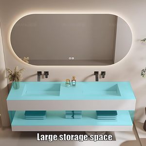 Meuble-lavabo mural moderne et minimaliste personnalisé pour salle de bain avec lavabo intégré et miroir rétroéclairé LED anti-buée - Product Image 3