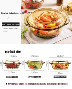1.5L Large Brown Glass Bowl With Lid Microwave High Borosilicate Glass Casserole With Handle