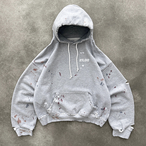 Pullover 500gsm French Terry Hood Custom Splashed <b>Ink</b> Hoodie Manufacturer High Quality Oversized <b>Distressed</b> Zip Up Hoodies Men - Product Image 3