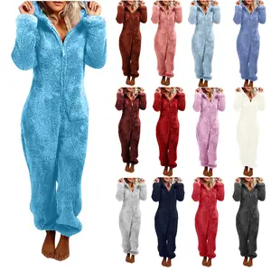 Women Plush Warm Pajamas Plus Size Long Sleeve Zipper Hooded Jumpsuit Lady Autumn Winter Slim Sleepwear
