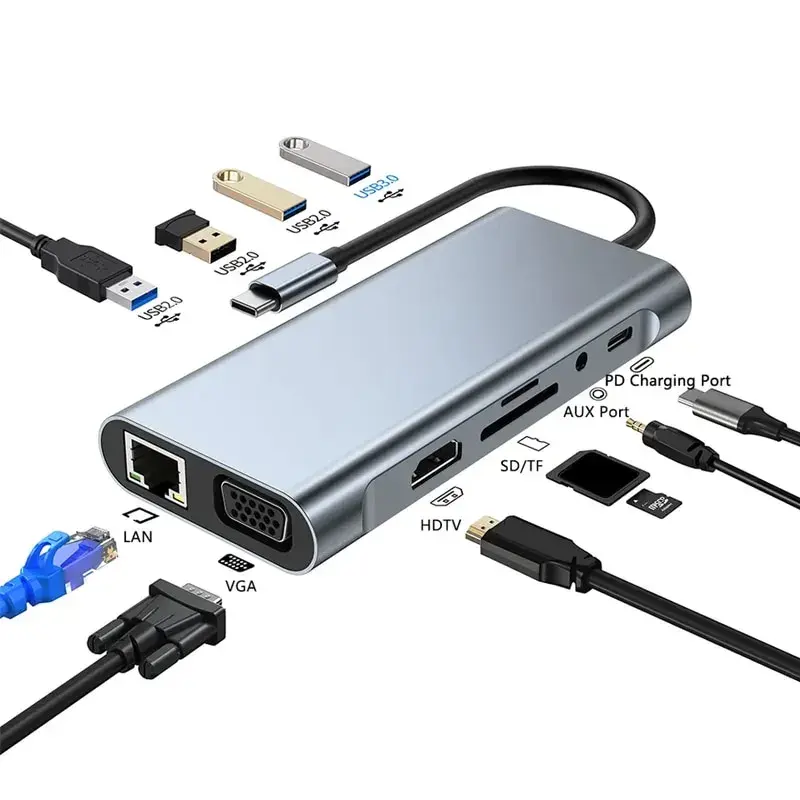 11-en-1 Type-c USB 3.0 Hub Multi-Port Station d'accueil pour ordinateur portable Type C à 4K HDTV VGA PD RJ45 100M Gigabit NIC Adaptateur