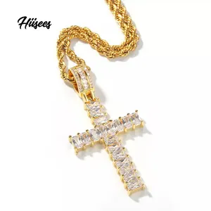 Full Baguette Diamond Gold Cross Necklace One Piece Fashion Jewelry Cross Pendant Brass 18K Gold Plated Ice Out Hip Hop Jewelry
