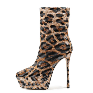 Bottines à talons hauts pour femmes, grande taille 45, à paillettes, coupe large, bout pointu, plateforme, imprimés zèbre et léopard - Product Image 3