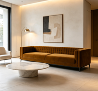 Canapé Chesterfield moderne à trois places en tissu avec pieds en bois, meubles de salon confortables et luxueux