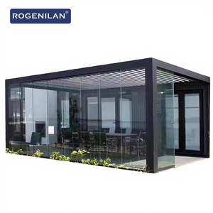 Rogenilan Gazebo en aluminium noir avec portes coulissantes en verre Patio jardin pergola de toit motorisée électrique - Product Image 1