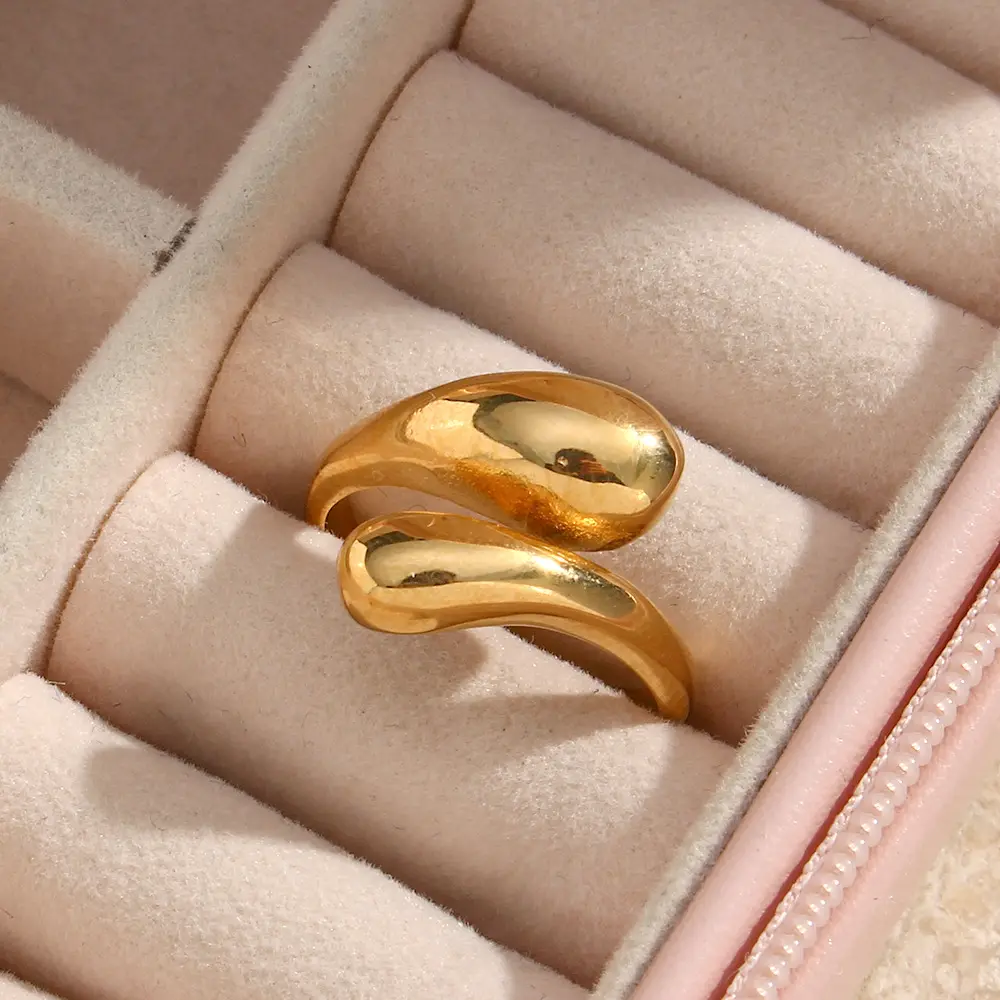 316L cincin tetesan air baja tahan karat wanita, cincin Chunky berlapis emas 18K geometris tahan air untuk cincin wanita