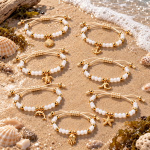 Bracelet ajustable à cordon perlé thème Océan, avec breloques dorées animaux marins (coquillage, sirène, tortue, étoile de mer) – Bijou de poignet de plage pour femme - Product Image 4