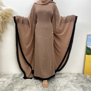 6763# Eid Lightweight Chiffon 2 PCS <b>Set</b> Chic Border Batwing Sleeves Classy Pearls With Belt Inside Match Hijab Abaya Dress - Product Image 3
