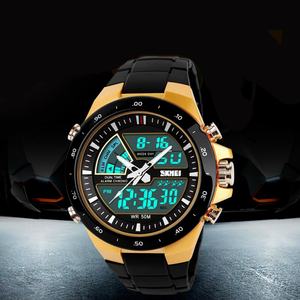 Montre-bracelet sportive Skmei 1016 avec logo OEM pour hommes, cadran bicolore cool, lumineux, tendance, bracelet en PU, grand cadran électronique - Product Image 6