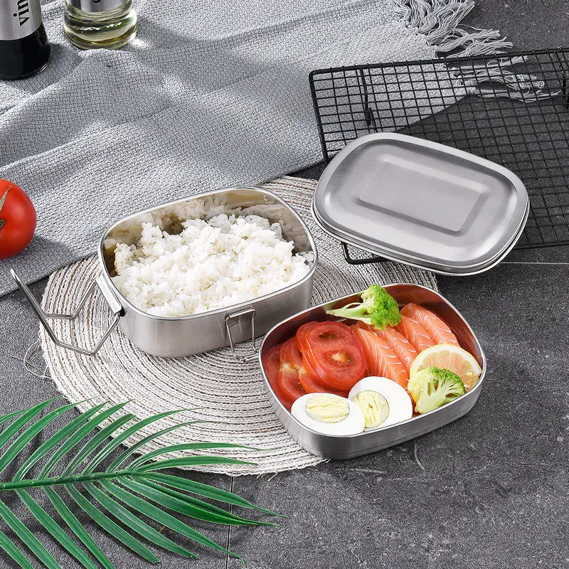 304 Stainless Steel Rectangular Lunch Box with Handle Double-layer Leak-proof Stainless Steel Lunch Box Suitable for All Ages