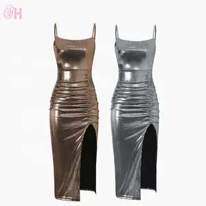 X523制造商定制金属适中标志女士银金金属褶缝Midi铬紧身连衣裙