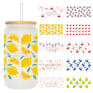 Autocollants de transfert durables DTF UV 16OZ pour gobelets, motifs Preppy Fraise Citron Marguerite Cœurs, prêts à appliquer, pour gobelets en verre Libbey - Product Image 1