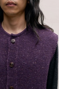 <strong>Purple</strong> Tweed Button Vest Men Round Neck Sleeveless Cardigan Wool Blend Layering <strong>Waistcoat</strong> - Product Image 2