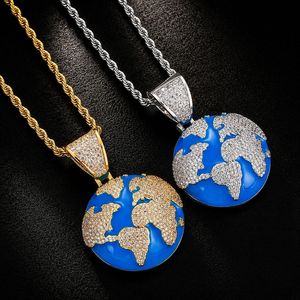 Collier pendentif globe terrestre en laiton émaillé bleu avec zircon cubique pour homme, style hip-hop, bijoux masculins, chaîne de mode - Product Image 1