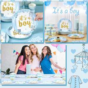 Assiette en carton jetable ronde de 7 pouces approuvée par la FDA, 350 g/m², blanche, avec motif « Hello Baby Boy » en CMJN, pour fournitures de fête - Product Image 3