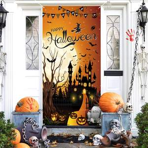 Copertura per Porta di Halloween con Motivi Horror: Zucca, Luna, Notte, Strega, Castello, Pipistrello, <span class=keywords><strong>Sfondo</strong></span> per Feste di Halloween Spaventose, Decorazioni per Interni ed Esterni - Product Image 3