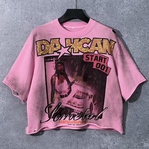 XH Vintage Luxury Rhinestone Heavy Cropped <b>T</b> Shirt High Quality Acid Washed Distressed Oversized Men Tee Wholesale - Product Image 1