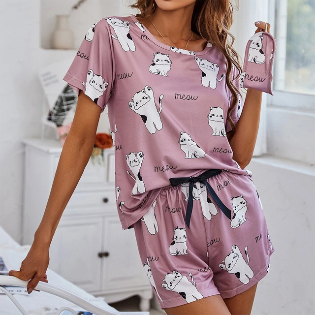 High Quality Short Pajama Set Women Lovely Cartoon Print Summer Pajamas Short Sleeve Night Costume comfort Sleepwear Set