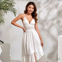 Gaun Panjang Wanita Gaya Bohemian Putih Desain Baru Bordir Cutout Belahan V Dalam untuk Liburan