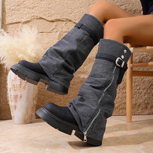 Botas de moto occidentales con plataforma y decoración de hebilla para mujer, punta redonda, vaqueras, fruncidas, hasta la rodilla, calzado de moda 2026 - Product Image 2