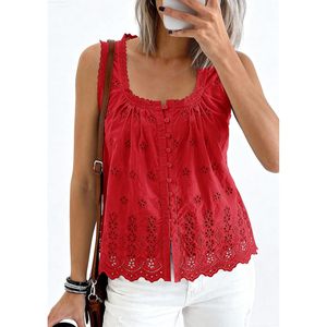 Womens Tank Tops <b>Red</b> Embroidered Eyelet Button Down Summer Casual <b>Blouse</b> Breathable Cotton Top Beach Vacation Clothes - Product Image 4