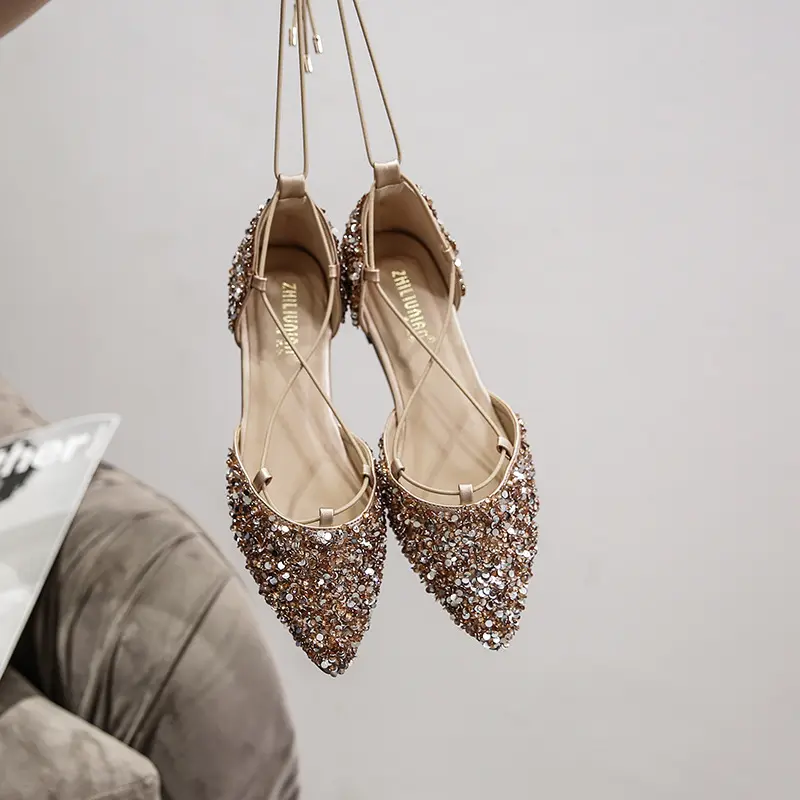 Women Luxury Rhinestone Ballet Flats Lace Up Crystal Wedding Shoes Mules Size 43 Ladies Flat Sandals