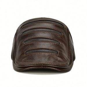 New Design Zipper Ivy <b>Hat</b> Genuine Leather Casual Cap Men Winter Outdoor Warm <b>Hat</b> - Product Image 2