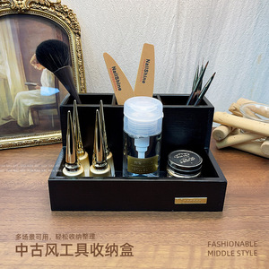 Caja de almacenamiento de herramientas para uñas de estilo vintage, organizador de escritorio rectangular de madera para discos de algodón, pinceles y exhibición de esmalte en gel - Product Image 2