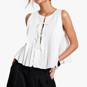 New Arrival Relaxed Fit <b>Linen</b> <b>Tops</b> for Women Crew Neck Sleeveless Pleated <b>Top</b> with Tie-front Detail - Product Image 1