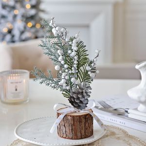 Décoration de table de Noël, base en bois, mini <span class=keywords><strong>sapin</strong></span> de Noël, ornement de bureau, branches de pin artificielles, <span class=keywords><strong>rouge</strong></span> et <span class=keywords><strong>blanc</strong></span> - Product Image 4