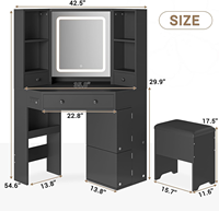 Meuble-lavabo de maquillage d'angle avec station de recharge Miroir lumineux et tabouret de rangement Table de maquillage avec tiroirs Étagères rotatives noir