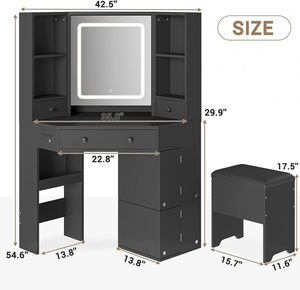 <strong>Corner</strong> Makeup <strong>Vanity</strong> Desk With Charging Station Lights Mirror and Storage Stool Makeup <strong>Table</strong> With Drawers Rotating Shelves Black - Product Image 1